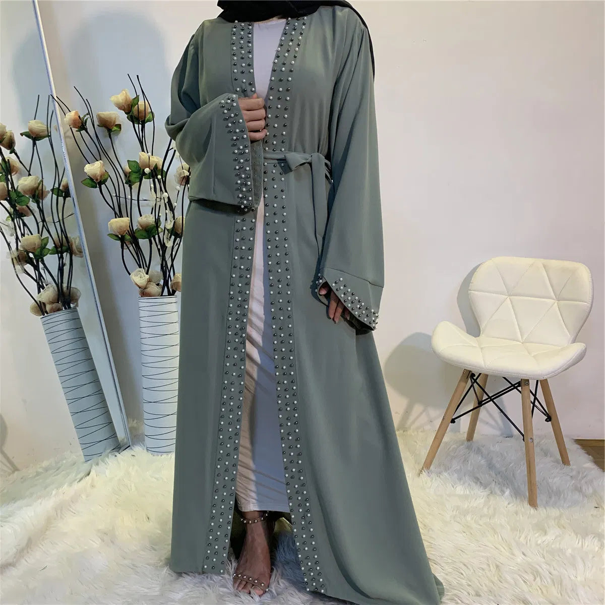 Noor Luxe Pearl-Trim Open Abaya