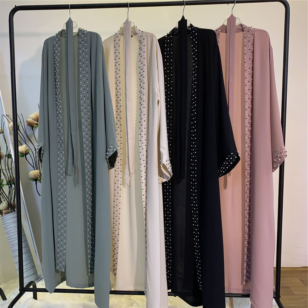 Noor Luxe Pearl-Trim Open Abaya